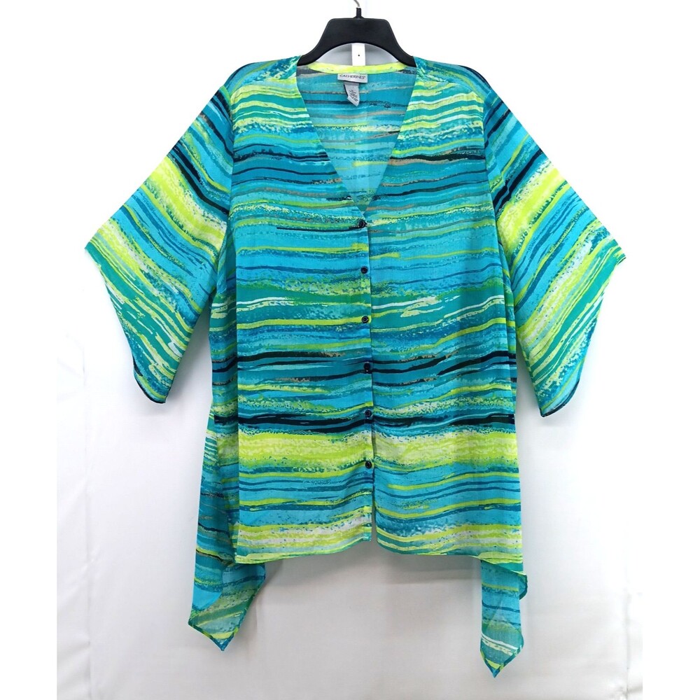 Catherines Sheer Button Up Top Women Size 18/20W Blue Green Striped Pool Beach